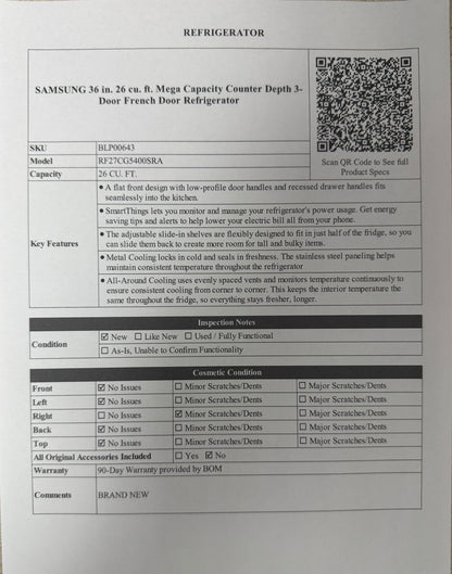 BLP00643 - SAMSUNG 36 in. 26 cu. ft. Mega Capacity Counter Depth 3-Door French Door Refrigerator - RF27CG5400SRA
