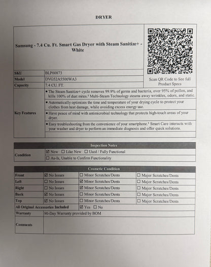 BLP00873 - Samsung - 7.4 Cu. Ft. Smart Gas Dryer with Steam Sanitize+ - White - DVG52A5500WA3