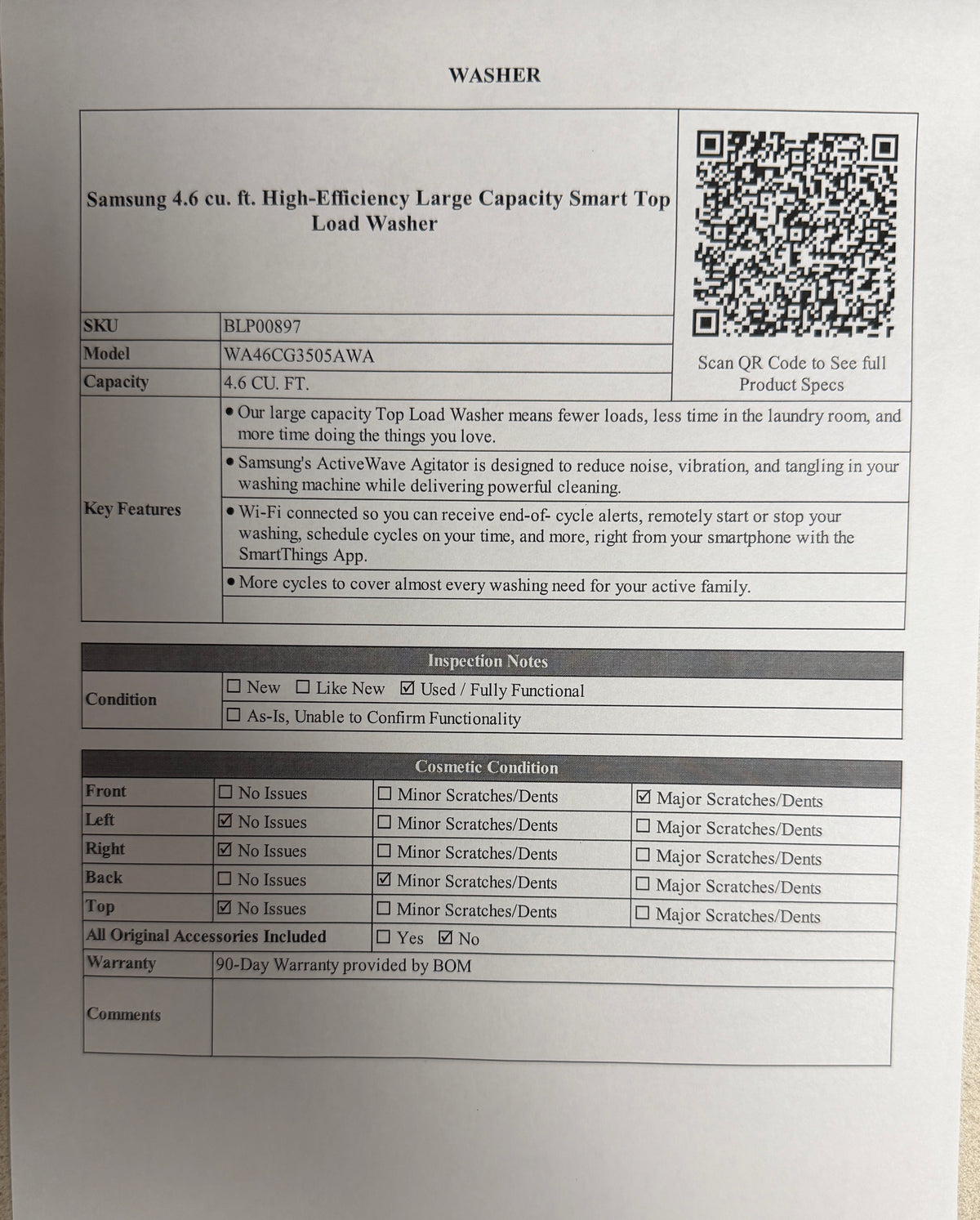 BLP00897 - Samsung 4.6 cu. ft. High-Efficiency Large Capacity Smart Top Load Washer - WA46CG3505AWA
