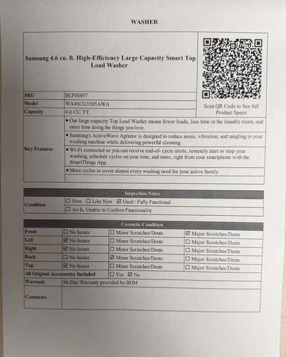 BLP00897 - Samsung 4.6 cu. ft. High-Efficiency Large Capacity Smart Top Load Washer - WA46CG3505AWA