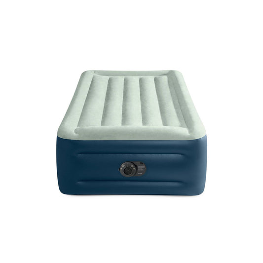 AC250743 Intex Elevated 18" Pillow Rest Twin Air Mattress with Internal Pump - Off-White/Blue: Includes Storage Bag, Repair Patch, Electric Pump