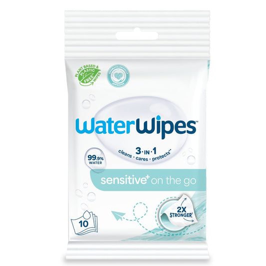 AC250777 WaterWipes Sensitive+ On The Go Wipes, 3-In-1 Cleans, Cares, Protects, 99.9% Water, Unscented & Hypoallergenic