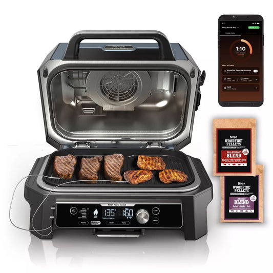 AC250389 Ninja Woodfire ProConnect Premium XL 7-in-1 Outdoor Grill & Smoker, App Enabled, Woodfire Technology, 2 Built-In Thermometers - OG951