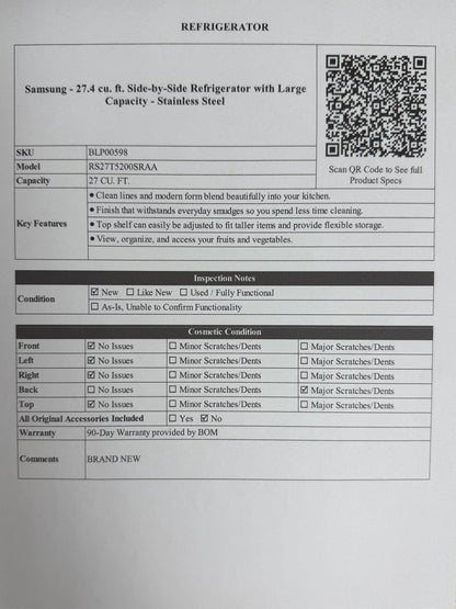 BLP00598 - Samsung - 27.4 cu. ft. Side-by-Side Refrigerator with Large Capacity - Stainless Steel - RS27T5200SRAA - Brand New
