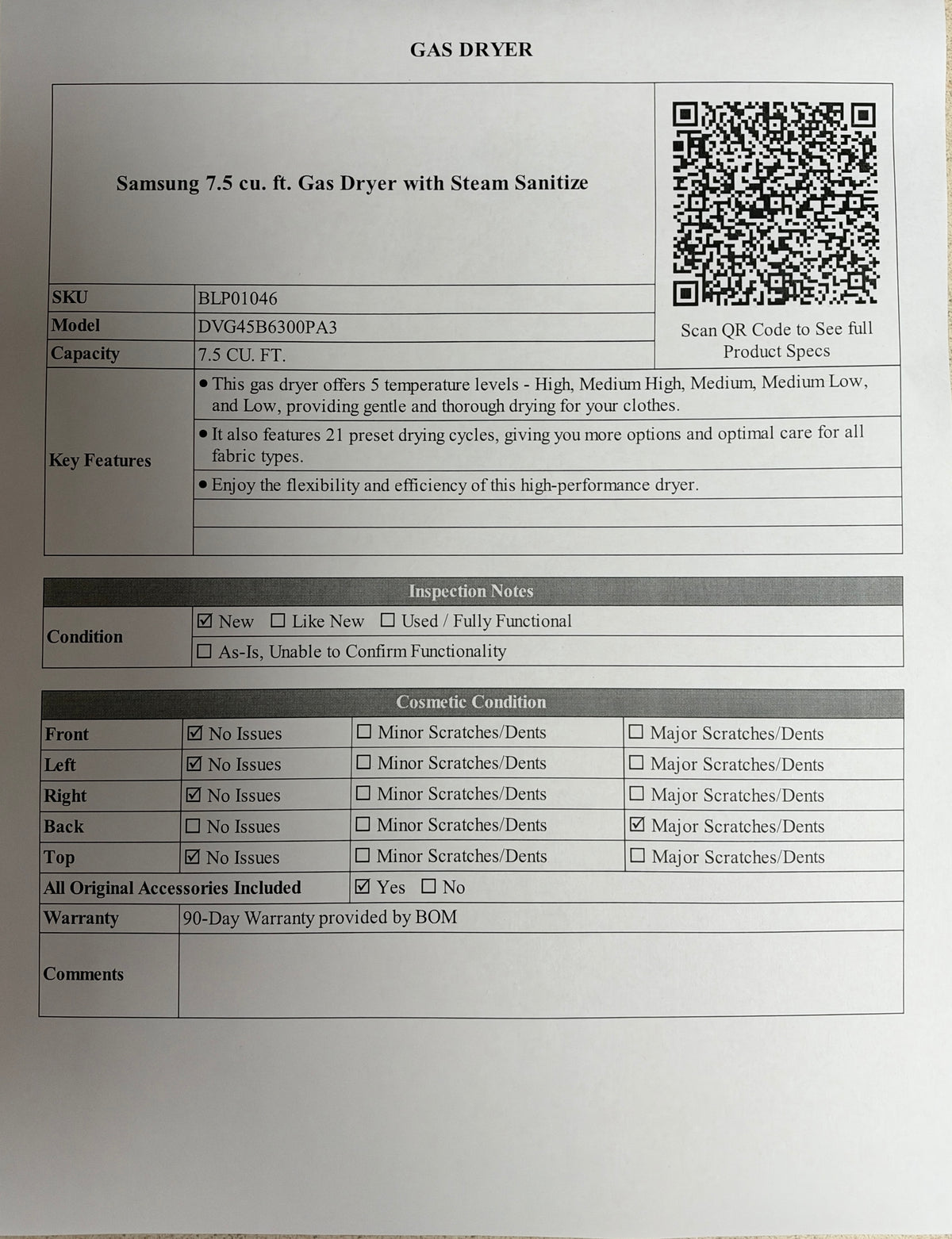 BLP01046 - Samsung 7.5 cu. ft. Gas Dryer with Steam Sanitize - DVG45B6300PA3