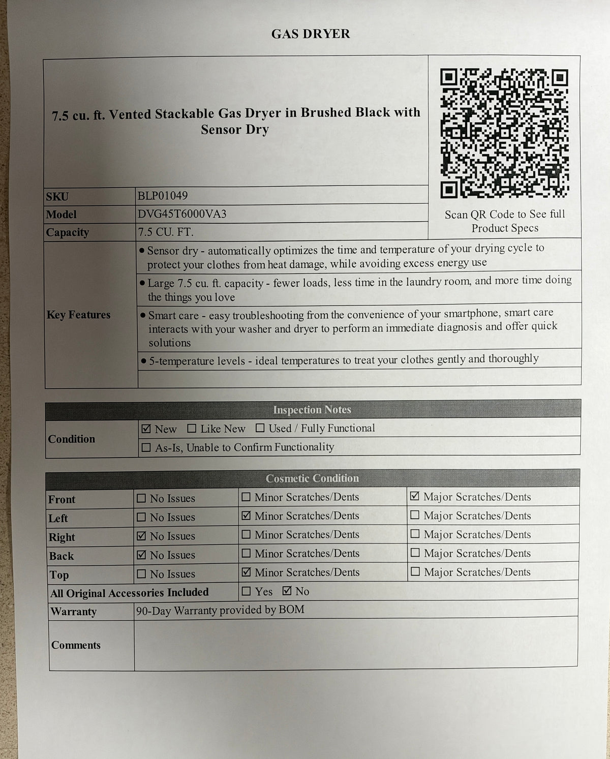BLP01049 - Samsung 7.5 cu. ft. Vented Stackable Gas Dryer in Brushed Black with Sensor Dry - DVG45T6000VA3