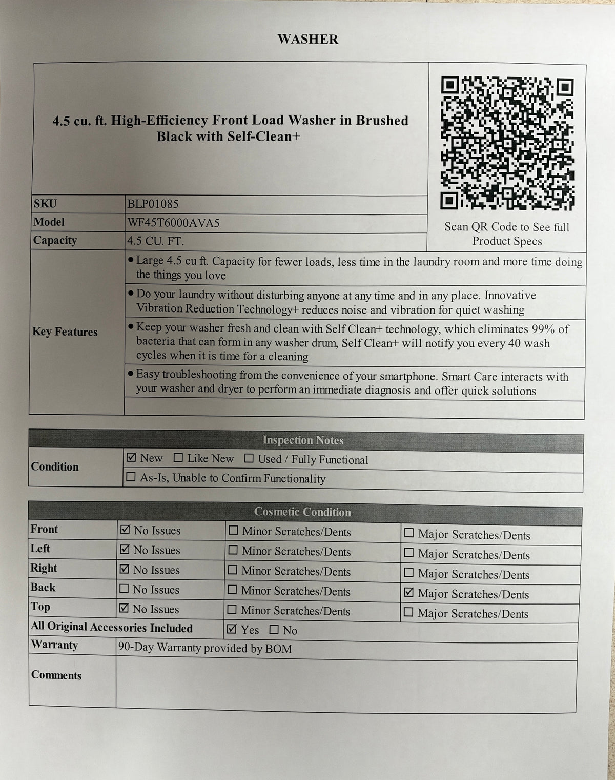 BLP01085 - Samsung 4.5 cu. ft. High-Efficiency Front Load Washer in Brushed Black with Self-Clean+ - WF45T6000AVA5