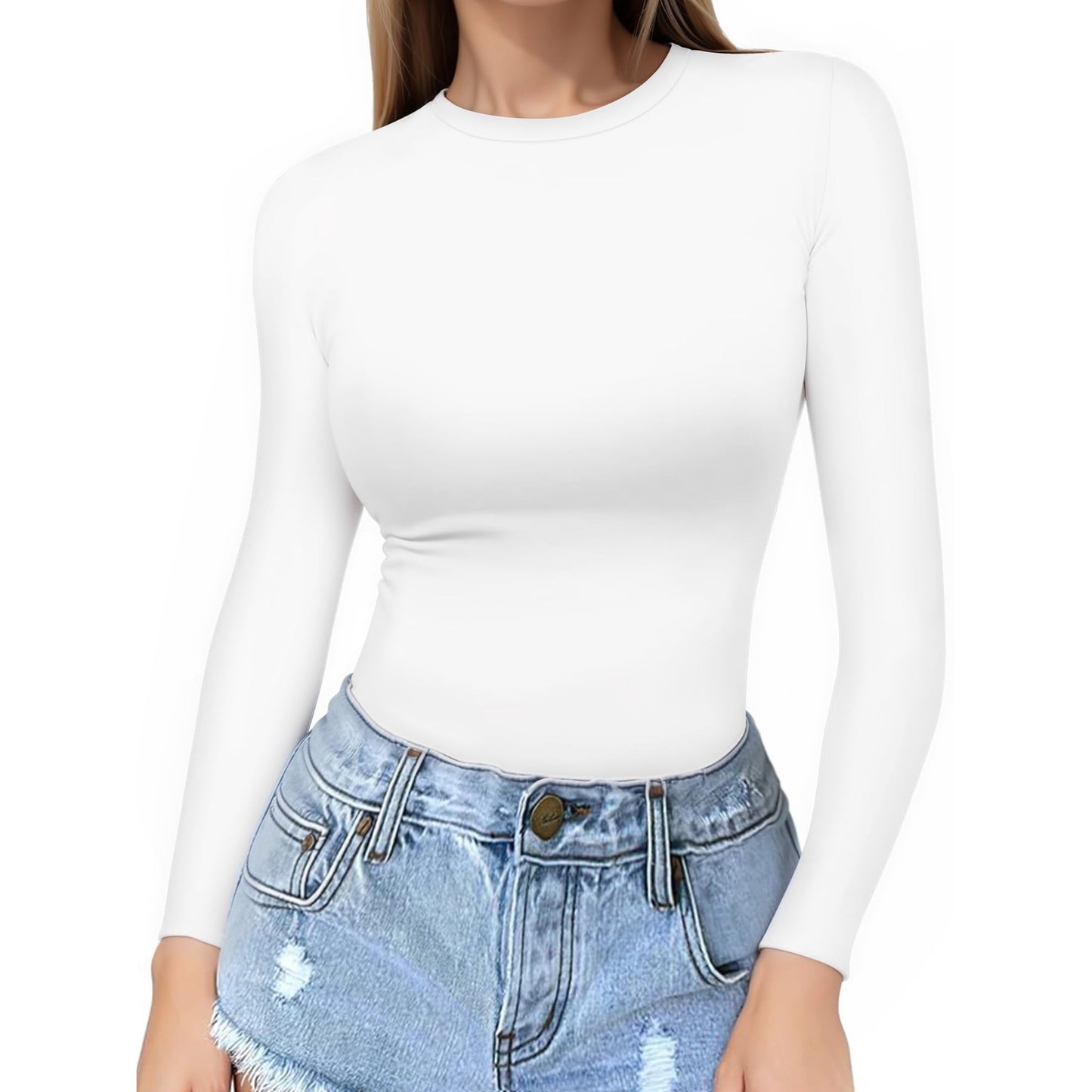 AC250939 MOYIKO Slim Fitted Long Sleeve Shirts for Women Crewneck Tees Tight Basic Tops