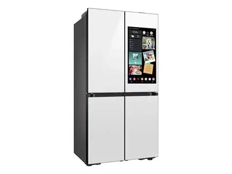 BLP00613 - Samsung Bespoke 36 in. 23 cu. ft. Counter Depth 4-Door Flex French Door Refrigerator in White Glass with Family Hub Plus - RF23DB990012A