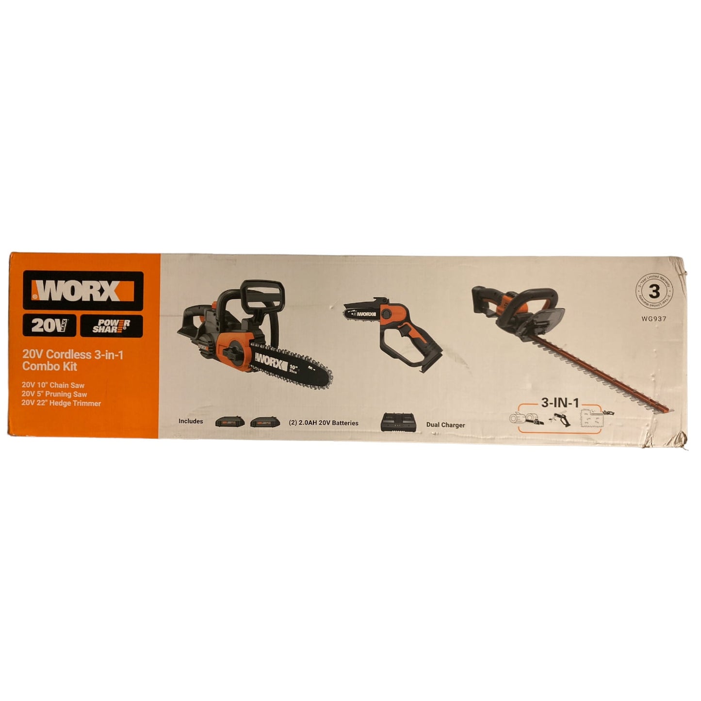 AC250603 Worx 22" Hedge Trimmer, 5" Pruning Saw, 10" Cordless Chainsaw Combo Kit, WG937