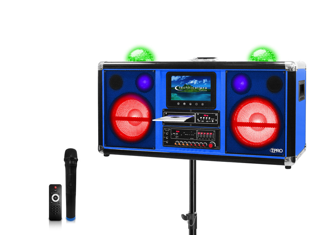 Technical Pro Rechargeable 2 x 10" Bluetooth Speaker with DVD Player, Wireless Mic & Tripod