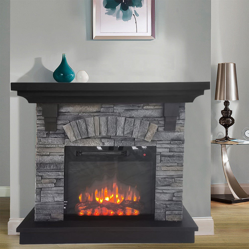 Technical Pro Stone Powder Mantel with Electronic Fireplace and Bluetooth Speaker System XSTONE-C